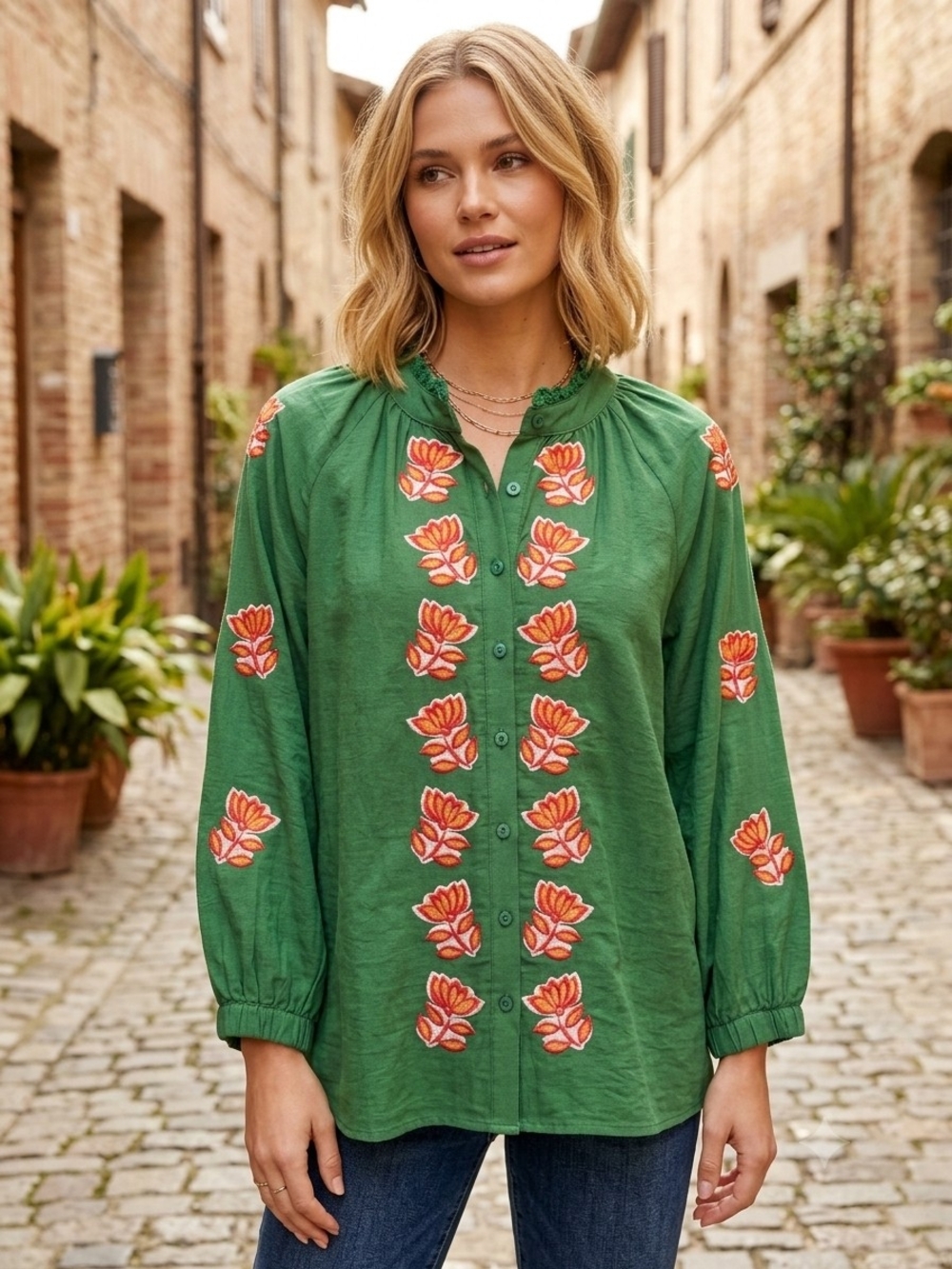 THML Green Button-Front Top with Orange Floral Embroidery